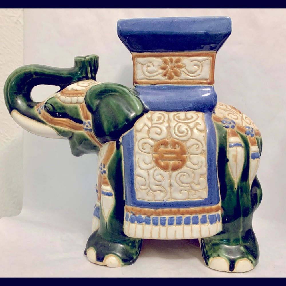 Vintage Large Majolica Ceramic Elephant Plant Stand Side Table Stool Blue Green